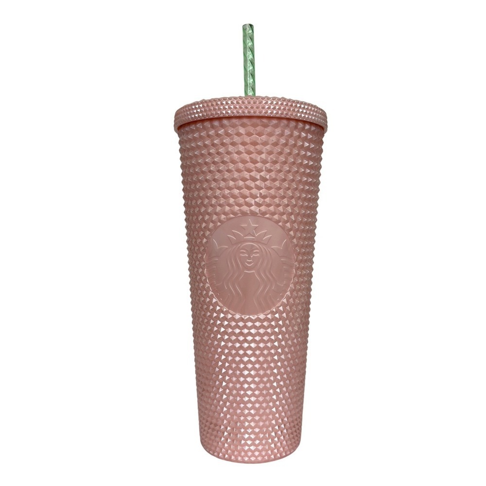 Starbucks Pink Pearl Bling Venti Tumbler 24 oz Green Swirl Straw